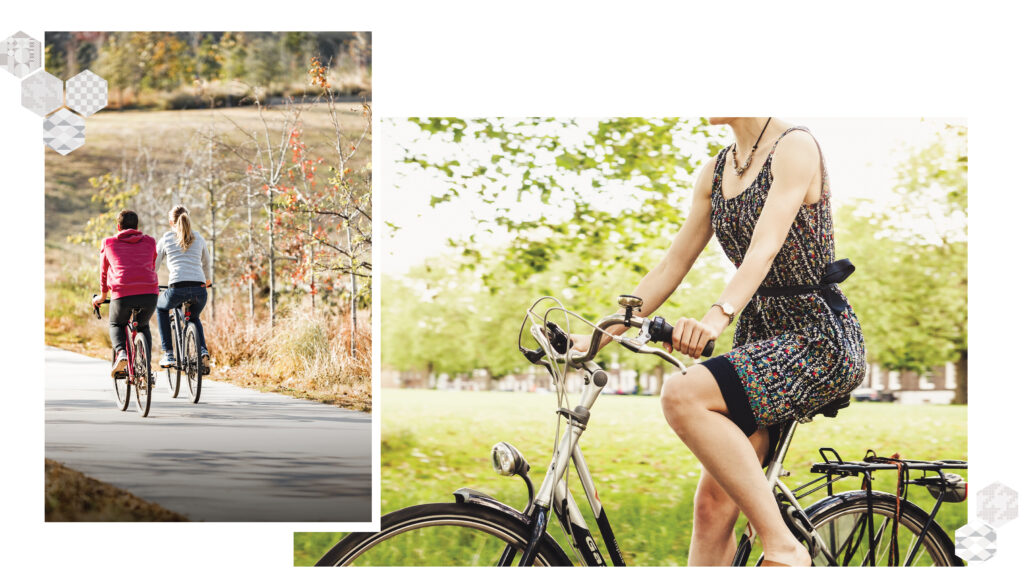 A imagem apresenta duas fotos. Na primeira, aparece um casal andando de bicicleta. Enquanto que, na segunda foto, é visualizada uma mulher passeando em um parque com sua bicicleta.