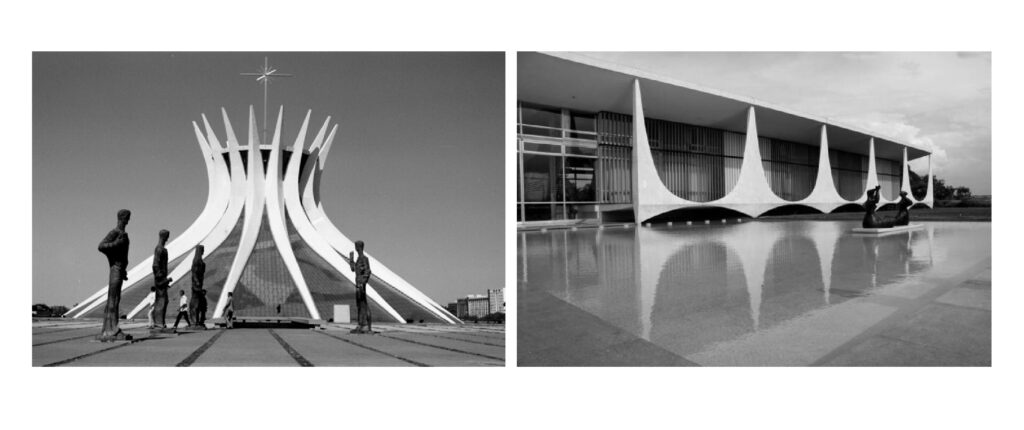Catedral Metropolitana de Nossa Senhora Aparecida (obra Lucio Costa) e Palácio do Planalto (obra Oscar Niemeyer), em Brasília.