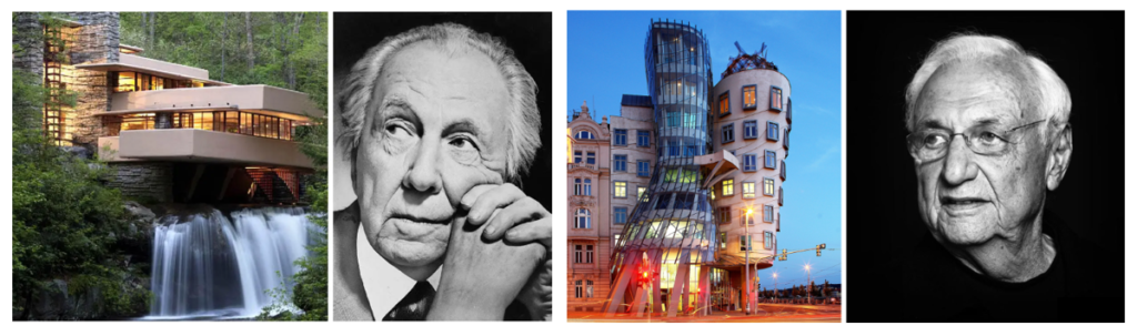 Casa da cascata / Mill Run, Pensilvânia – arquiteto Frank Lloyd e Obra de Frank Gehry em Praga, na República Tcheca. 