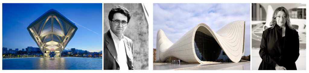 Museu do Amanhã no Rio de Janeiro do arquiteto Santiago Calatrava e o Centro Heydar Aliyev, no Azerbaijão, da arquiteta Zaha Hadid.
