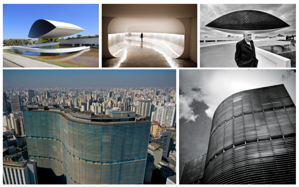 Oscar Niemeyer no Museu Oscar Niemeyer em Brasília e Edifício Copan em São Paulo também projetado por ele.