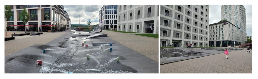 Stuttgart, na Alemanha, a biblioteca estadual (Stadtbibliothek) está localizada na praça Mailänder, um espaço aberto onde, além de um enorme espelho d’água, há um balanço e algumas fileiras de bancos.